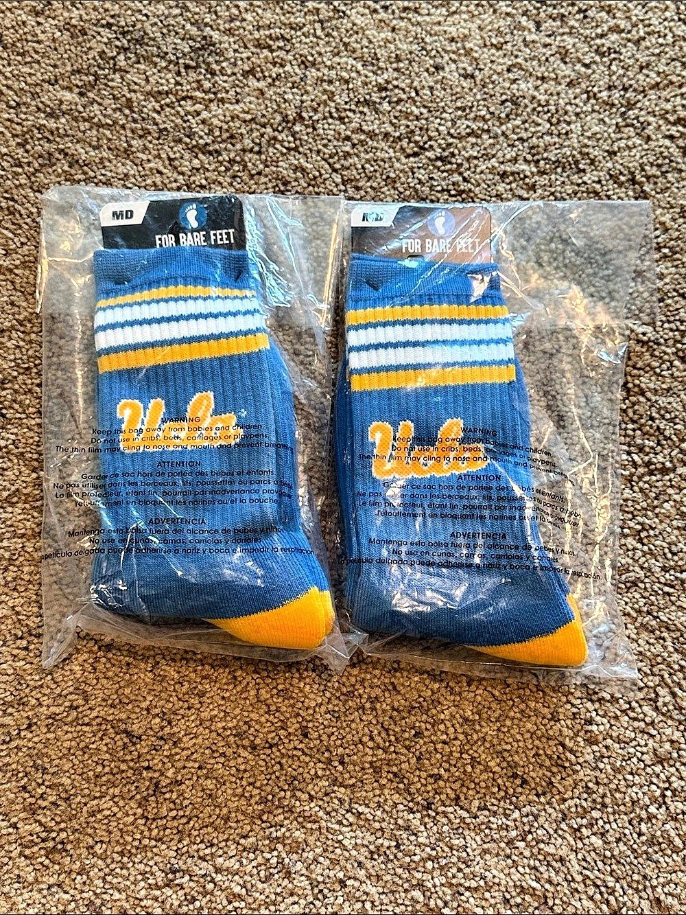 2 pairs - For Bare Feet UCLA Bruins 4 Stripe Deuce Socks Blue & Yellow
